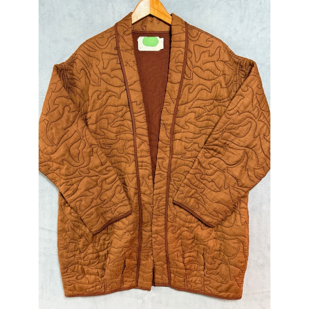 Anthropologie Jacket Womens XL Brown Quilted Collarless Kimono Open Front Lined - Picture 3 of 9